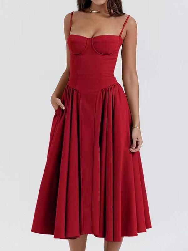 Elegant Strap Midi Dress With High Waist And Button Zipper For Teen Casual Wear