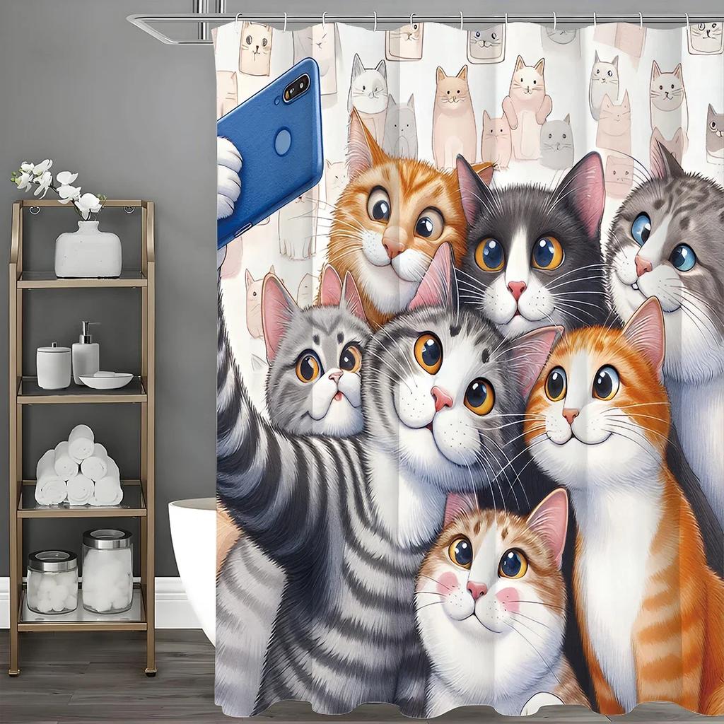 Cute Cartoon Cat Photo Shower Curtain, Bathroom Decorative Shower Curtain, Waterproof Shower Curtain With Hooks