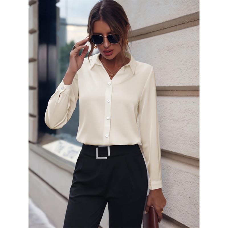 Chemise Femme Tempérament Décontractée Ample Confortable Bouton Revers Mode Chemise Couleur Unie Manches Longues Chemise de Bureau Femme