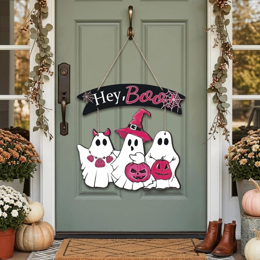 Wooden Halloween Ghost Door Sign Cartoon Door Hanging Cute Halloween Welcome Door Plaque Porch