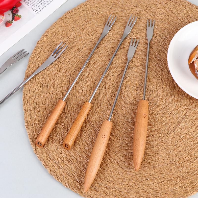 Fondue Fork Set for Chocolate Cheese BBQ Reusable Stainless Steel Wooden Handle Fruit Forks for Party Dipping and Grilling