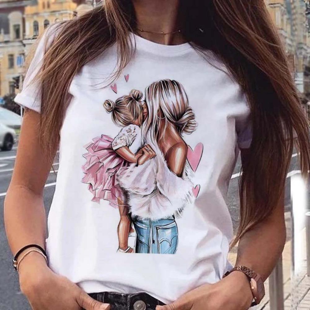 Maycaur Women T Shirt Cartoon Mom with Sons Shirt Fashion Print Casual Woman Tee Ladies Female T-shirt Short Sleeve T Top Shirt