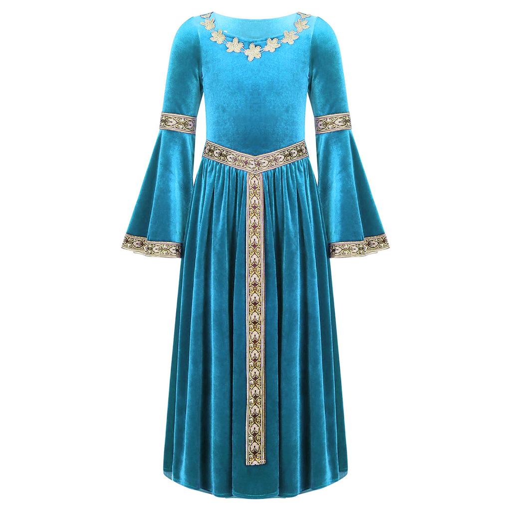 Girls Medieval Princess Velvet Dress Long Flare Sleeve Retro Patterned Band Dress Up Costume Royal Party Gown