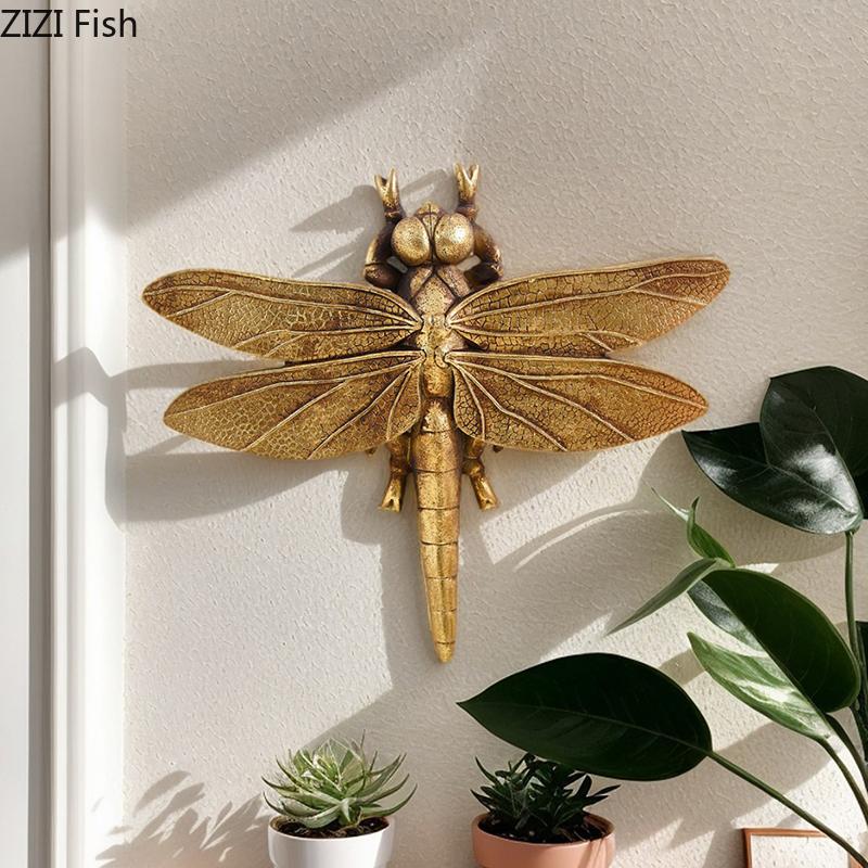 Goldene Libelle Wandbehang Ornamente Wohnzimmer Dekoration Wandhintergrund Display Insektenskulptur Wandmontierte Dekorationen