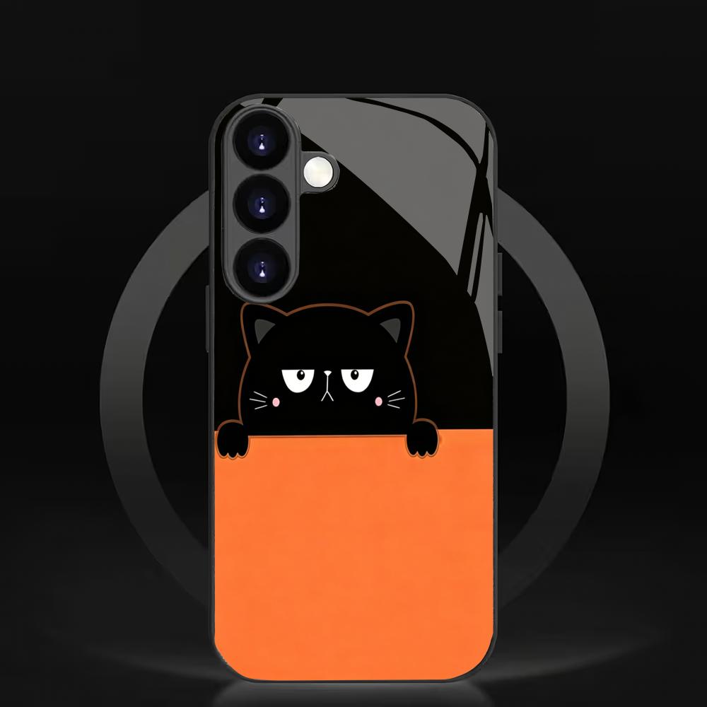 Cute black cat tempered glass phone case suitable for Samsung Galaxy S26 S25 S24 S22 S21 S20 FE/Ultra/Plus anti drop back cover