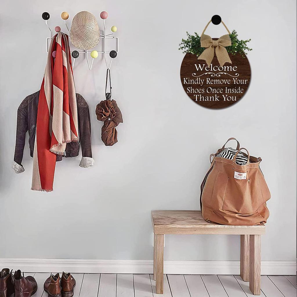 Welcome Kindly Remove Your Shoes Once Inside Thank You Wood Sign Home Decor Door Wall Hanger Keep Clean Manners Take Off Shoes 11*11 Inches Round