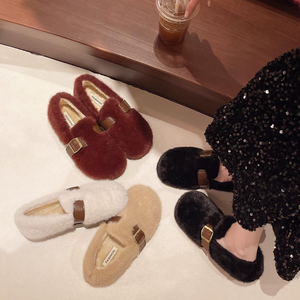 French Fluffy Shoes for Women's Outer Wear 2025 Autumn and Winter New One-pedal Plush Mary Jane Doudou Single Shoes Cotton Shoes