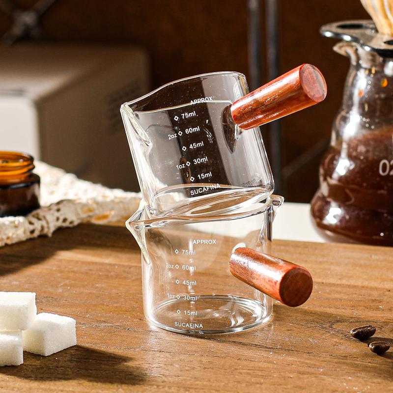 Exquisite Wooden Handle Espresso Glass Measuring Cup