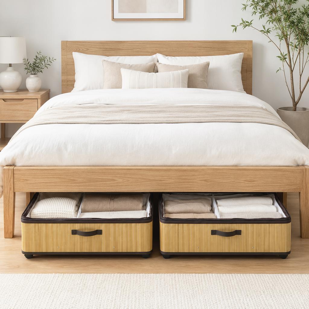 60L Under Bed Storage with Wheels, Pack of 2, 23cm Height, Natural