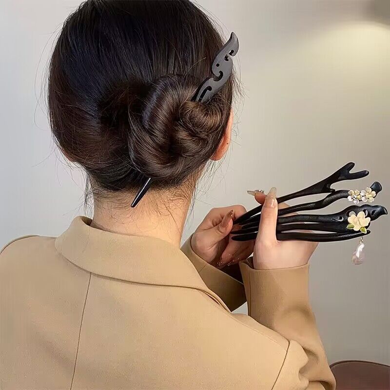 Antique Wood Hairpins Female New Chinese Simple Geometric Black Hair Sticks Hair Clips For Women Hair Accessories Pearl Headwear