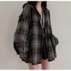 Korean Chic Early Autumn Loose Hooded Plaid Long Sleeved Shirt for Women
