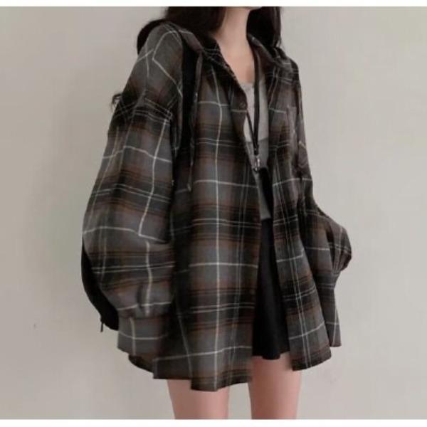 Korean Chic Early Autumn Loose Hooded Plaid Long Sleeved Shirt for Women