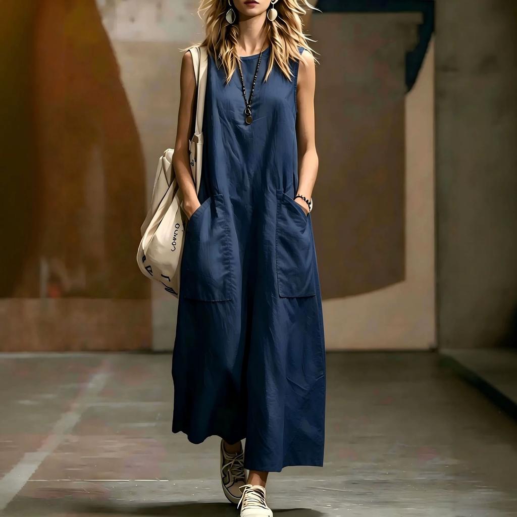 Women Sleeveless Maxi Dress Casual Loose Fit with Big Side Pockets Summer Dress