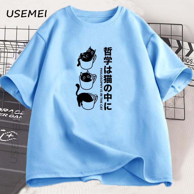 

Смешная футболка с кавайным котом, японская футболка для любителей кофе с котом, мужская, женская, уличная одежда, одежда Харадзюку, милая футболка с черным котом, свободные топы 4XL