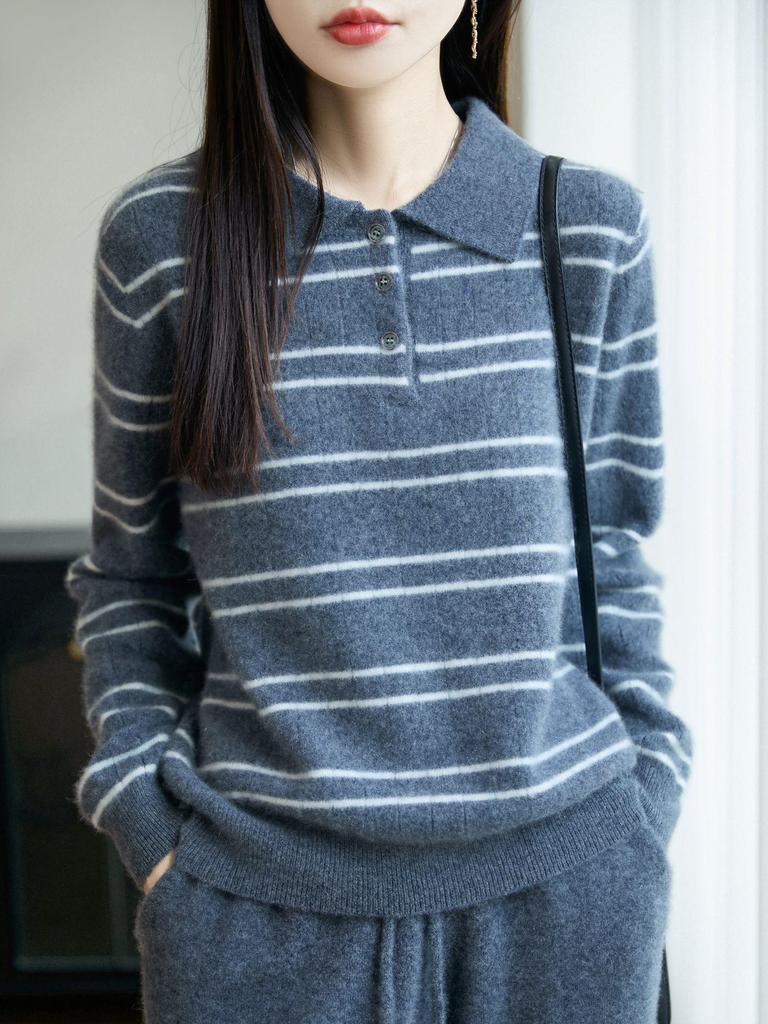 2025 Fall Women's Pure Wool Casual Stripe Polo Collar Long Sleeve Sweater