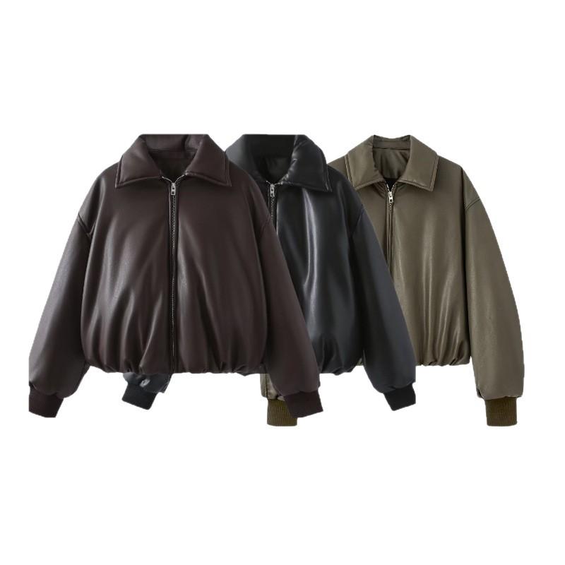 Popular European and American style women's clothing new bread cotton leather jacket protein leather thickened warm short leather cotton coat