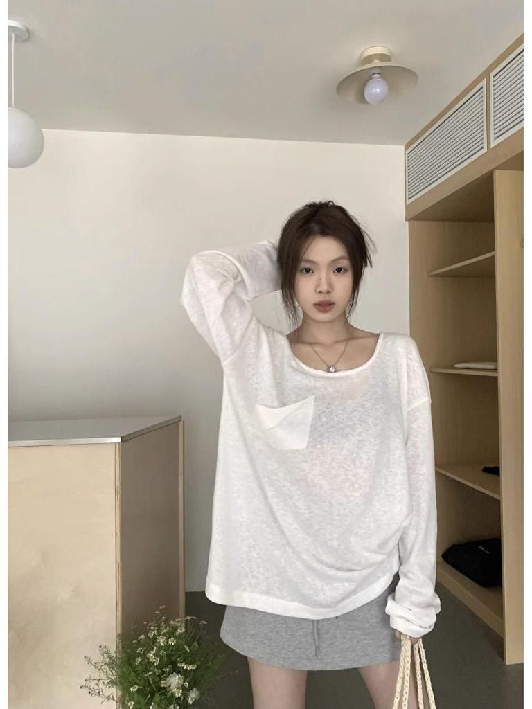 Elegant Sheer White U-Neck Long Sleeve Top - Women's Spring/Fall Loose Fit Cover-Up