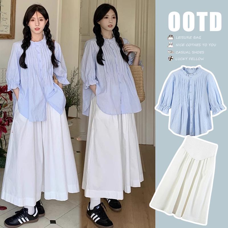 2026 Summer Maternity Puff Sleeve Top & Belly Support Skirt Set M