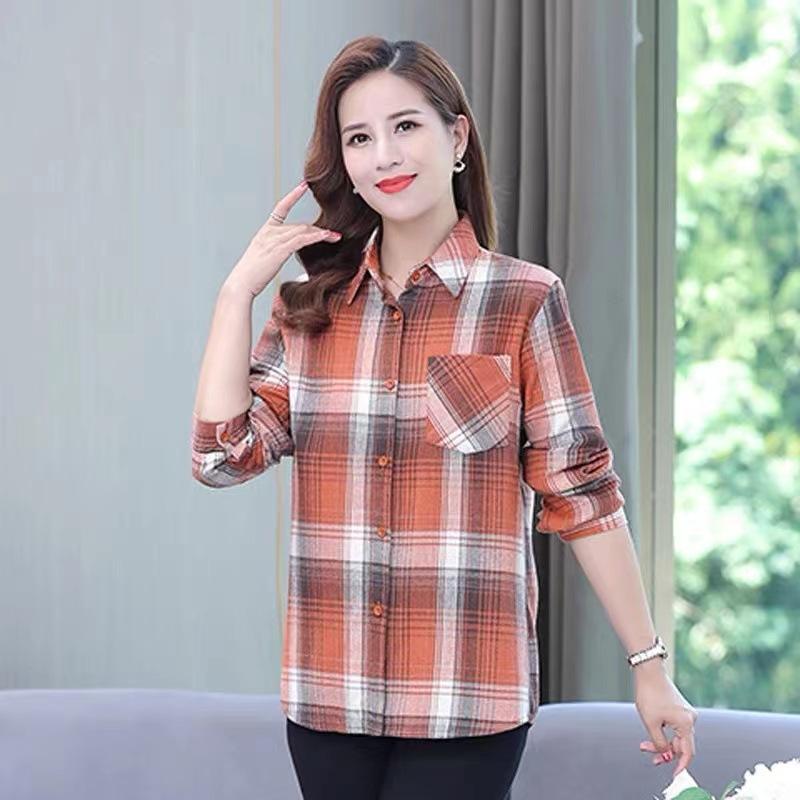 Women's Plaid Button Down Shirt Loose Fit Turn-down Collar Long Sleeve Brushed Casual Check Top For Middle-aged Ladies Spring Daily Wear