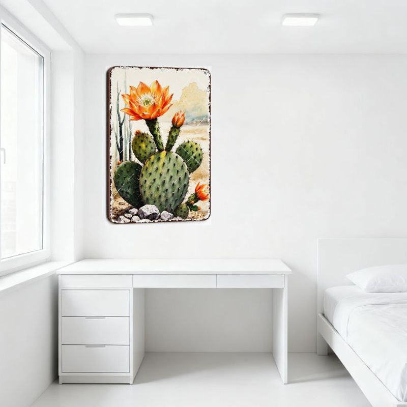 Vintage Watercolor Desert Cactus Metal Tin Sign, Prickly Pear Opuntia with Orange Flowers, Saguaro Cactus Desert Landscape Wall