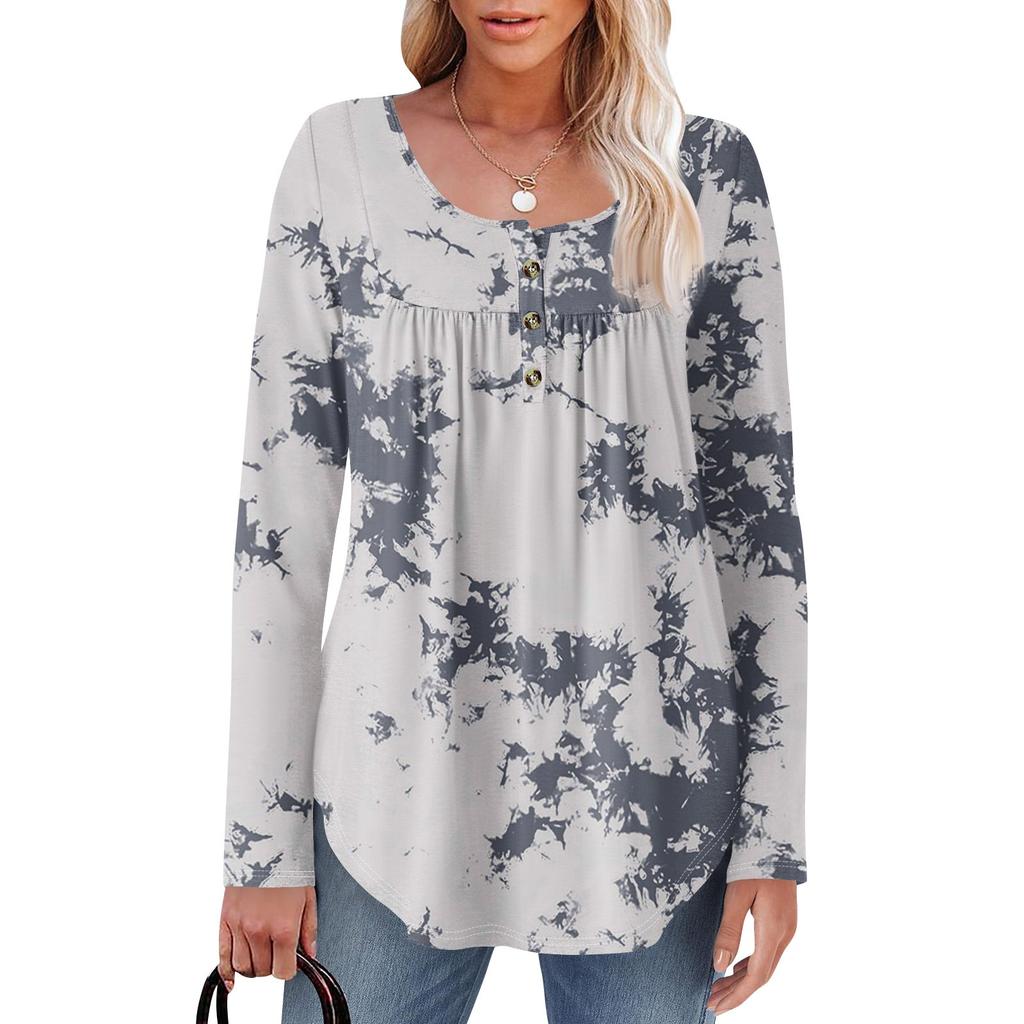 Dame Langermet Tunika Løse Topper Casual Oversized Topper Plissert Tunika Knapper Ned Casual Dame Print Topper