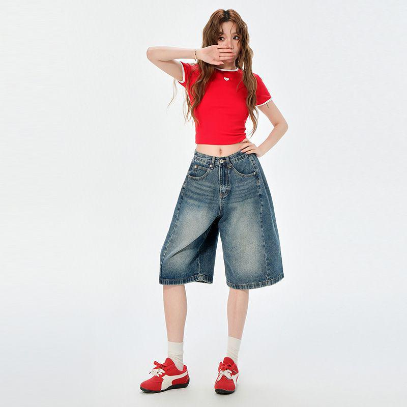 Women's High-Waist Relaxed Denim Shorts - American Retro Style