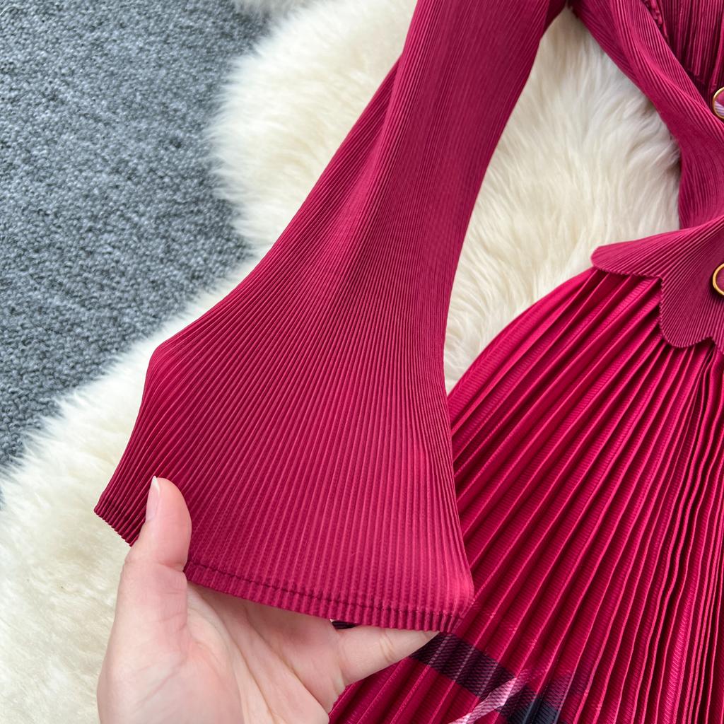 Spring Autumn Women Elegant Blazer Collar Double Breasted Print Office Party Long Maxi Pleated Dresses