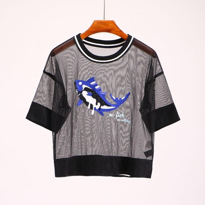 

Special Offer [Yi] Fashion Classy Pinshang Group Women s New Summer Clothing Loose Mesh Short Sleeve T-shirt Top 0l152 Black S