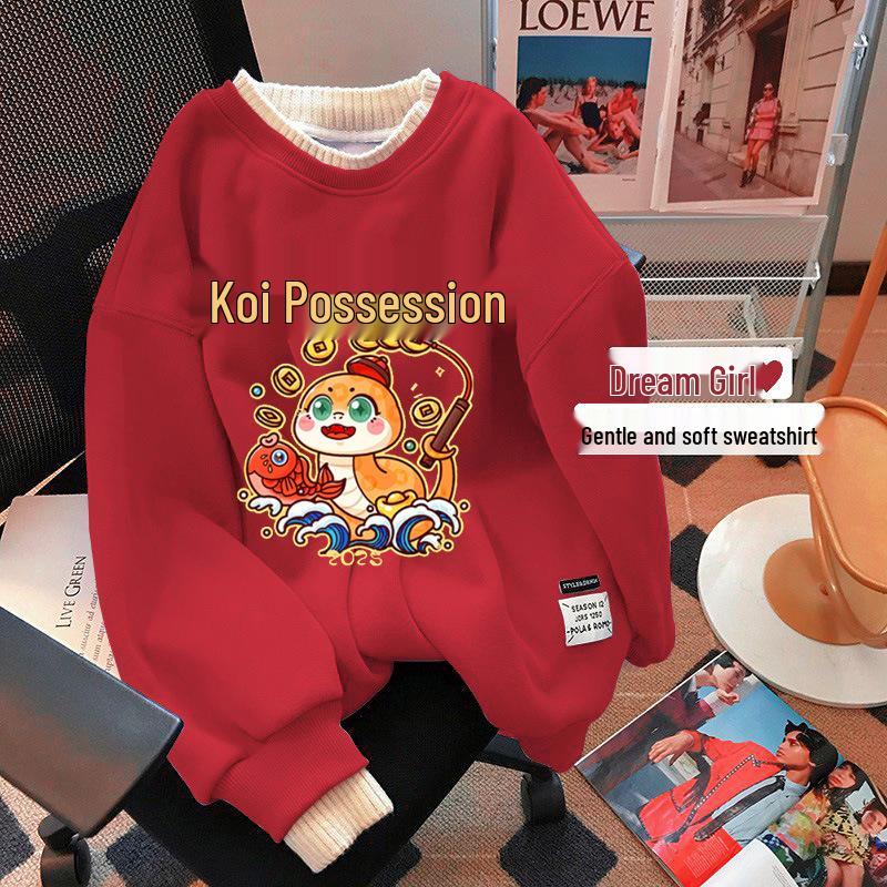 Women's Plus Size Red Round Neck Sweatshirt, Fleece-lined, Winter Layered Look, New Year Style