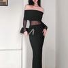 Goddess Temperament Sexy off-the-Shoulder Skinny Sheath Fishtail Dress Sexy Mesh Midriff Outfit Long Sleeves Dress Female Autumn