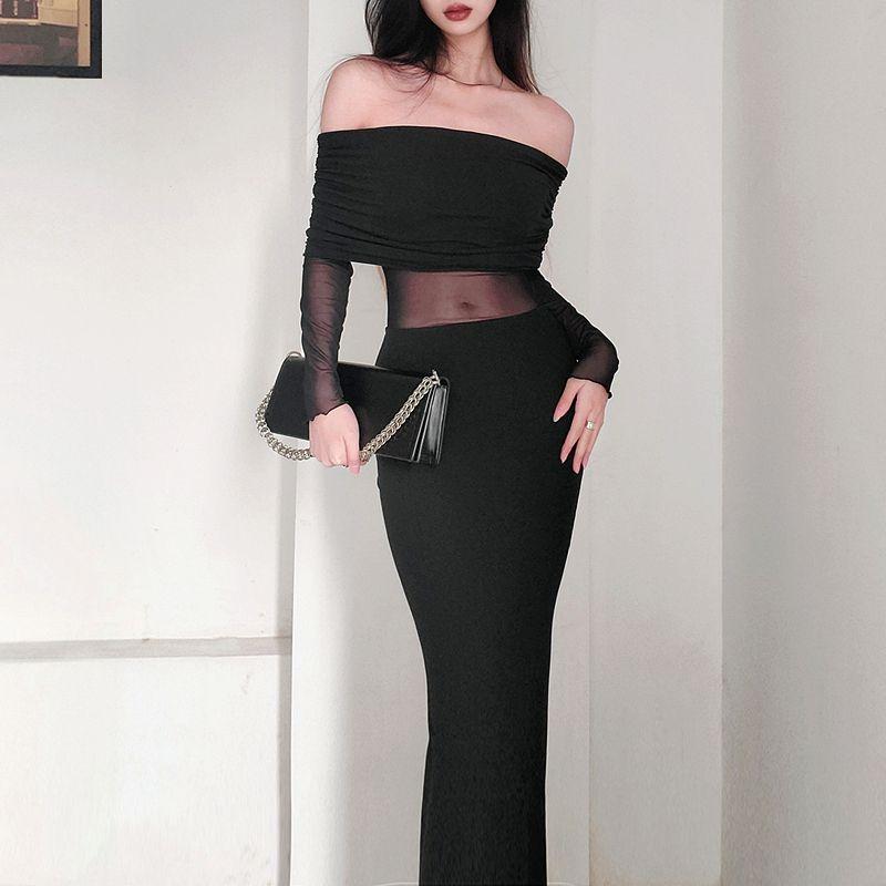 Goddess Temperament Sexy off-the-Shoulder Skinny Sheath Fishtail Dress Sexy Mesh Midriff Outfit Long Sleeves Dress Female Autumn