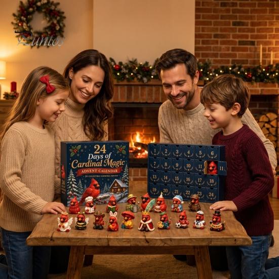 Christmas Desk Decor Red Bird Advent Calendar, 24 Unique Miniature Holiday Ornament Set Figurines, Tree Hanging Ornaments for Gifts Parent Child