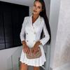 Herbst Frühling Damenkleid Zweireihig Schlanke Passform Plissierter Saum Umlegekragen Lange Ärmel V-Ausschnitt Formell Business Stil Büro M