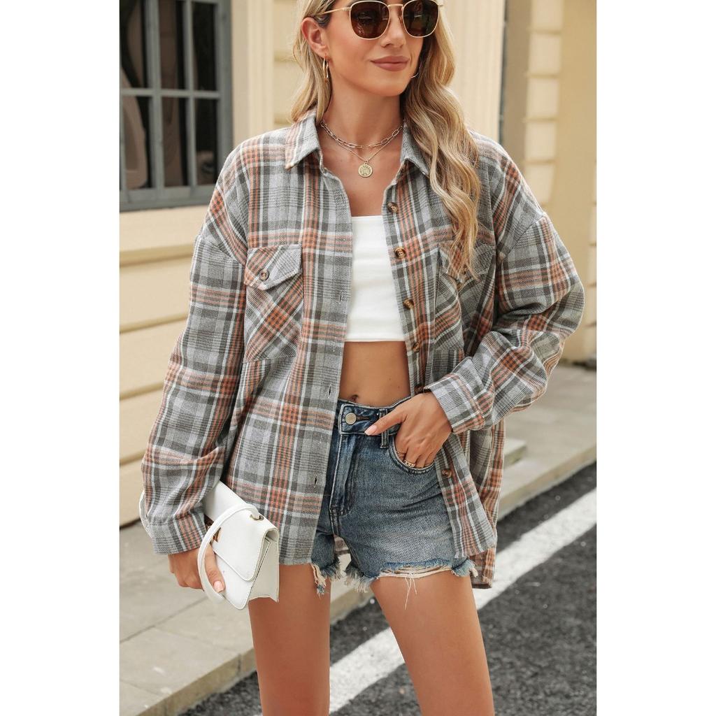 Women's Loose Long Sleeve Plaid Turn-down Collar Pocket Shirt  Autumn Winter New Arrival, Casual Blouse Top for Women, Ready to Ship