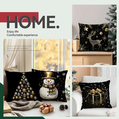 Schwarz Gold Weihnachten Schneemann Kissen Kissenbezug Polyester Kissenbezug Dekokissen Kissenbezug Zuhause Auto Sofa Deko