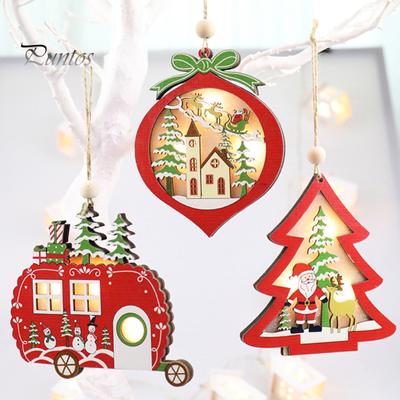 LED Christmas Star Bell Christmas Tree Shape Christmas Tree Ornament Christmas Wooden Pendant Holiday Glowing Pendant Decoration