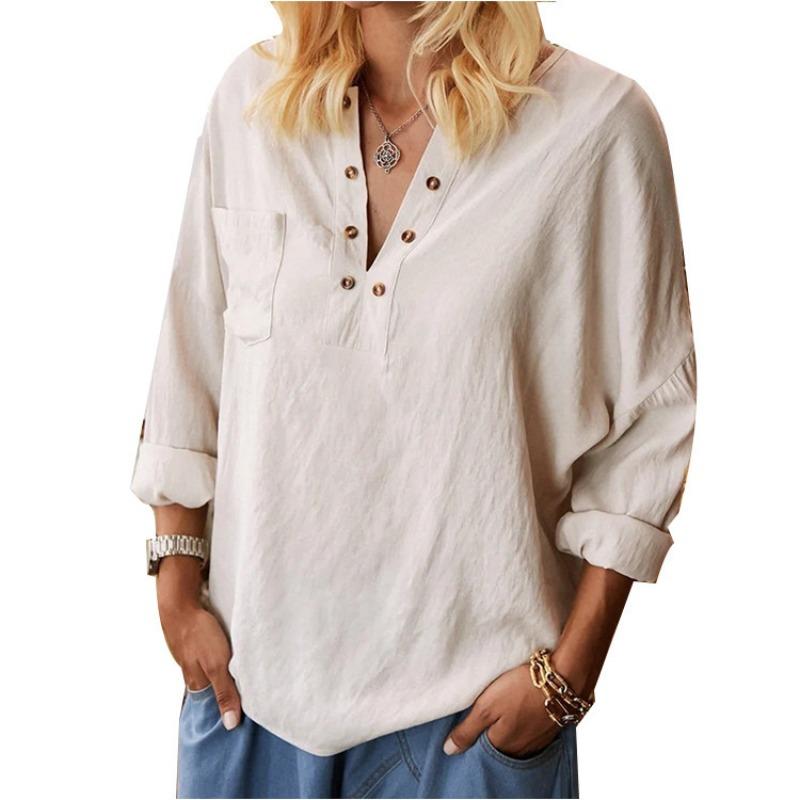 Autumn New Cotton and Linen Women's Shirt Plus Size Solid Long Sleeve Vintage Casual Blouse Women Tops Fashion Buttons V Neck Simple Shirts 24690