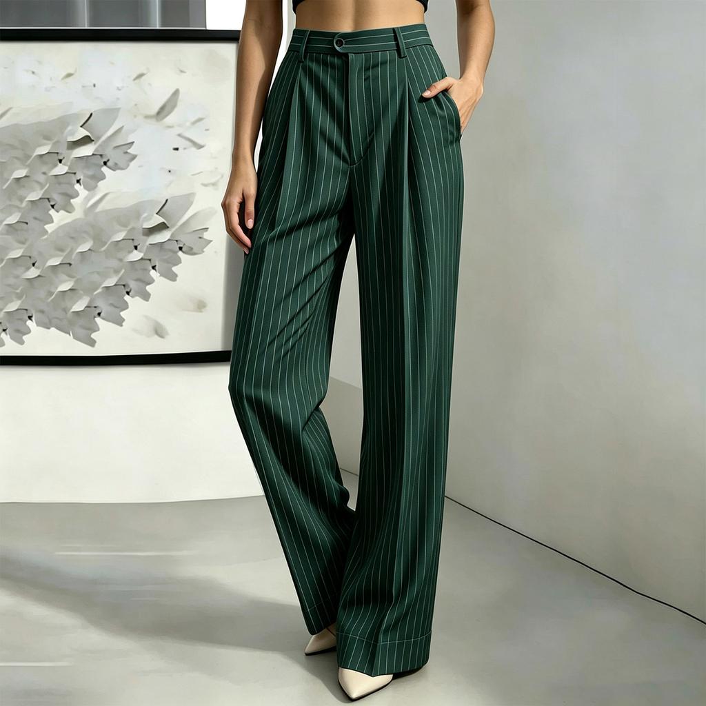 Women's Striped Suit Pants with Elastic Waistband and Button Front for Work