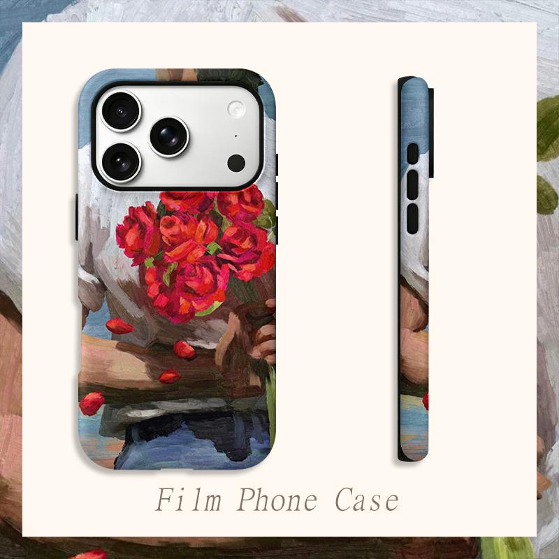 Impressionist Romantic Bouquet Red Rose Oil Painting Fine Art Film Aesthetic Protective Shockproof Bumper Case Cover For iPhone 14 15 16 Pro Max Plus