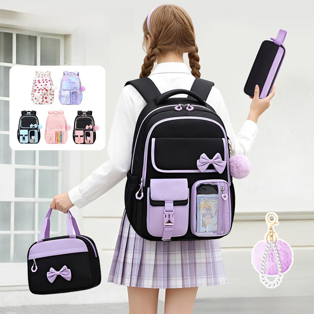 3pecs/set Elementary Bow School Bags Large Capacity Cute Backpack for Junior High School Girls with Pencil Case Lunch Box Set