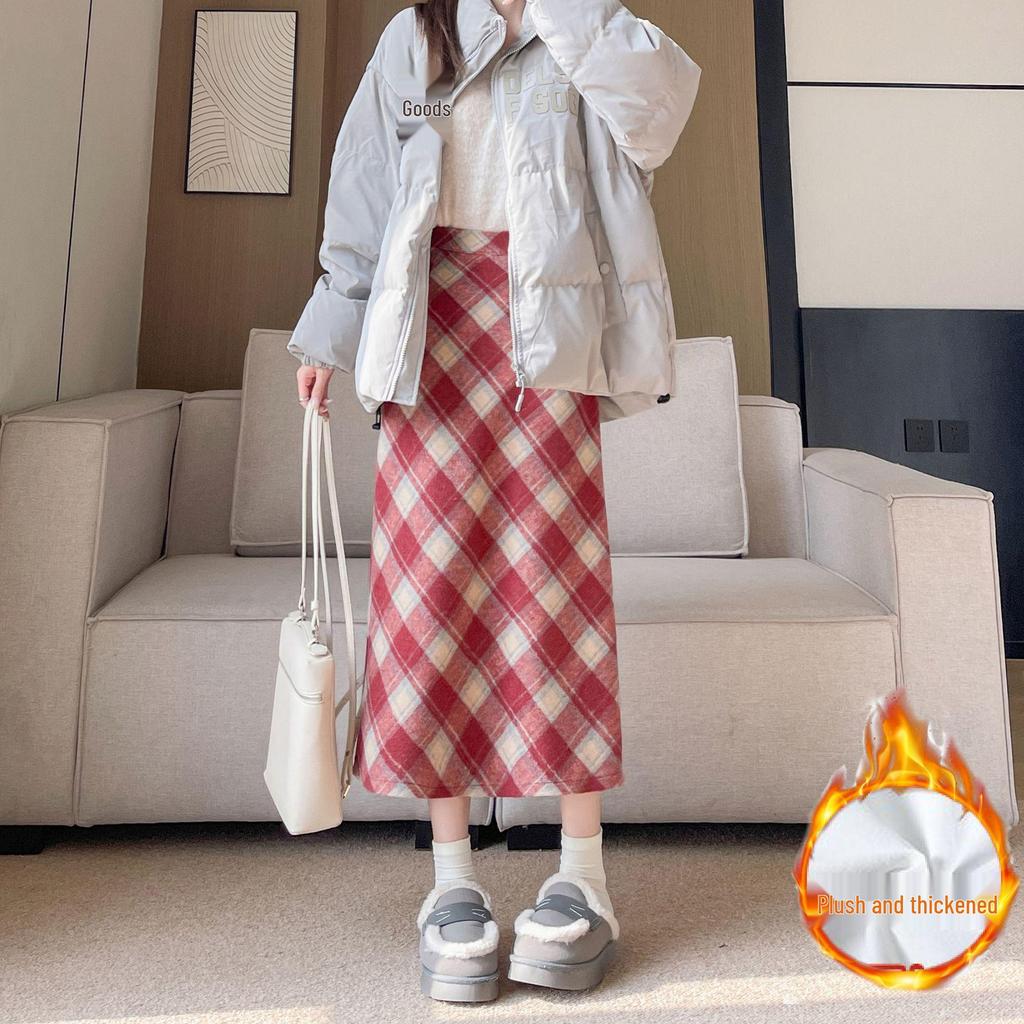 Autumn-Winter High Waist Wool Plaid A-Line Midi Skirt