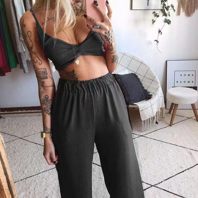

2026 Summer New Model in Stock Cross-Border Amazon European and American Women s Clothing Printed Sexy Tube Top Loose Wide-Leg Pants Two-Piece Set Pure Black S