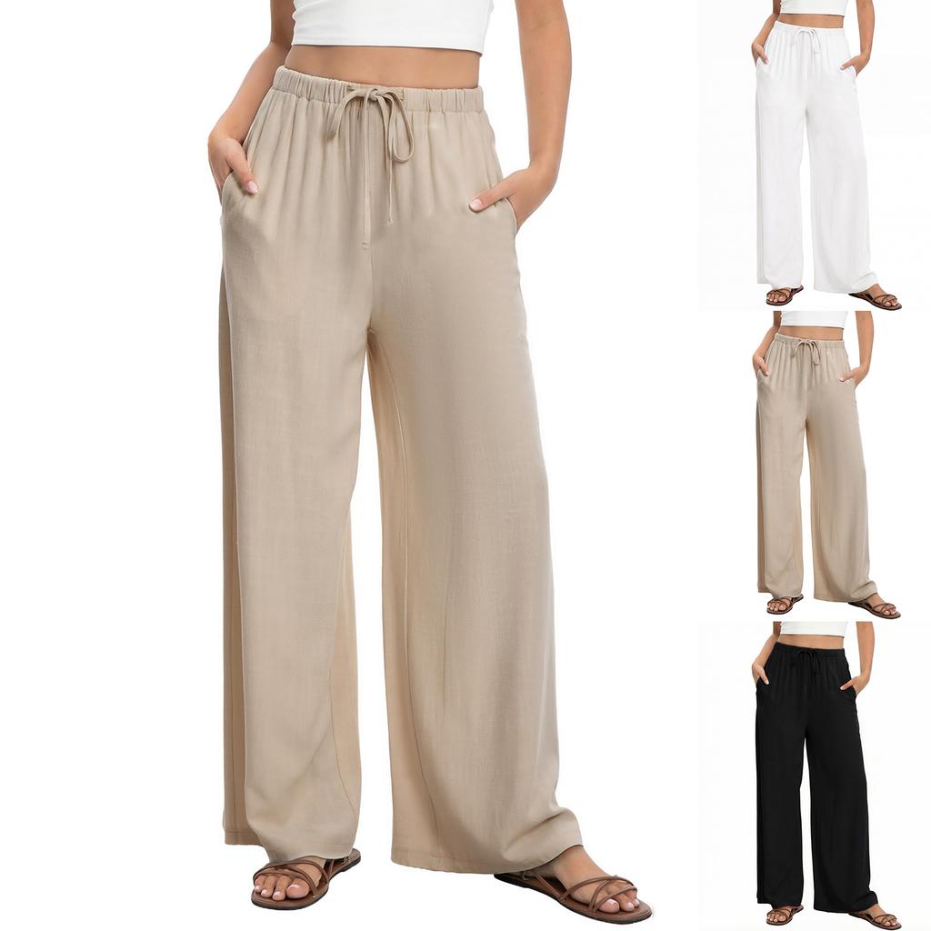 Leinen Freizeit Hosen mit weitem Bein für Damen Elastischer Bund Vielseitig Business Casual Arbeit Palazzo Hosen mit Taschen