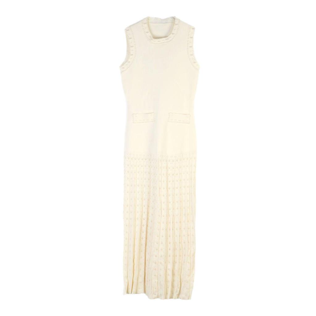 Elegant French Knitted Dress: Sleeveless, Beaded, Hollow-out Design, Slim Fit, Round Neck - Perfect for Spring/Summer