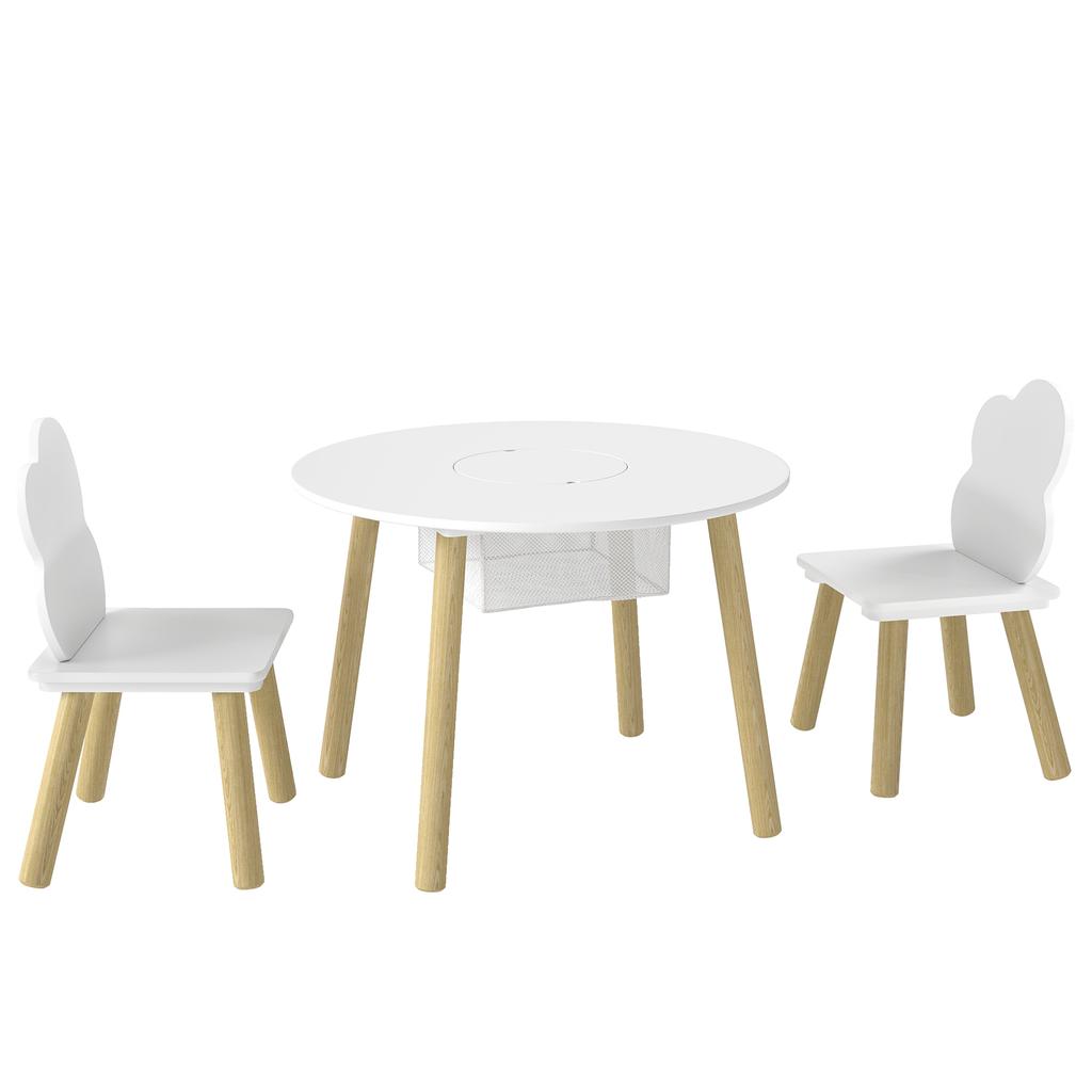 Children's table with chair, table and 2 chairs set in wood with storage bag for drawing, playing, studying, white