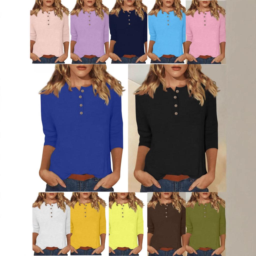 Women's Long Sleeve Round Neck Button Detail Blouse Solid Color Casual Top