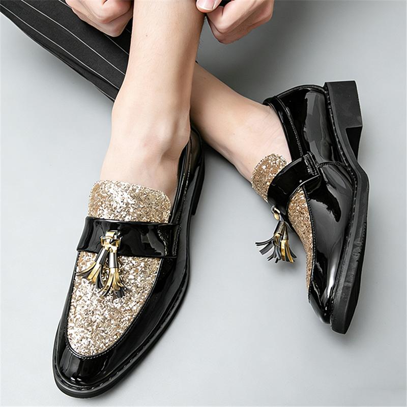 Modny projektant Nowe Szpiczaste Buty Patchworkowe z Frędzlami i Płatkami Śniegu dla Mężczyzn Formalne Ślubne Homecoming Sapatos Tenis Masculino