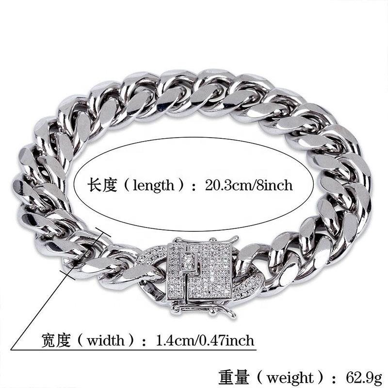 New Hip Hop Bracelet Gold Silver Color Cubic Zirconia Stone Buckle 12mm Width Cuban Chain Bracelets Charm Jewelry for Men Women