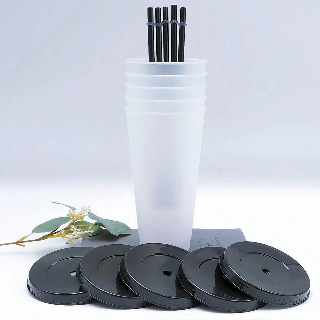 5 Stück 24oz Transparente Wiederverwendbare Becher mit Schwarzen Deckeln und Strohhalmen Eiskaffee Wasserflasche Kalte Smoothie-Becher Für Partys Getränk