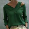 Women T-shirt V-Neck Off Shoulder Long Sleeve Pullover Tops Pure Color Loose Fit Summer Casual Shirt Daily